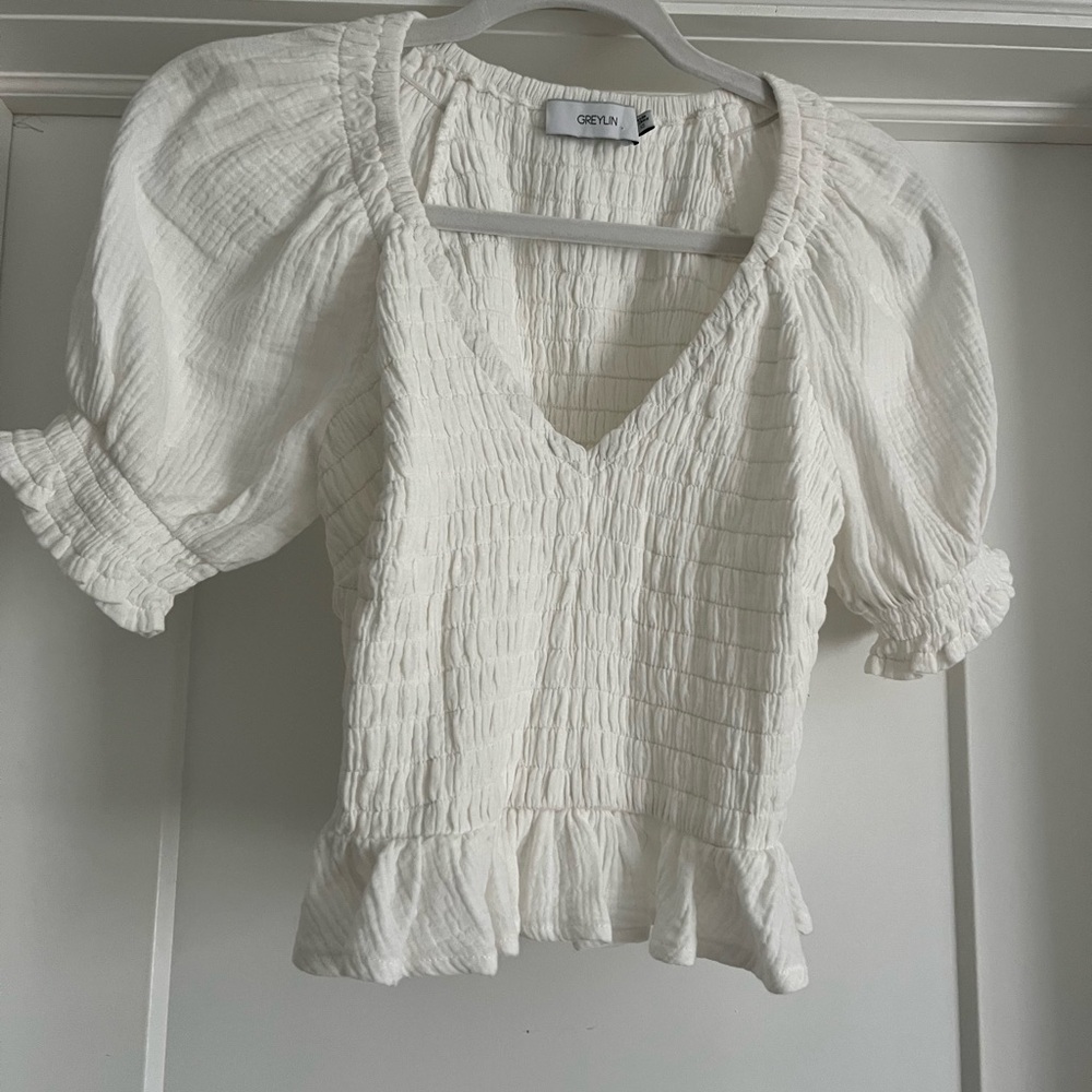 Greylin White Smocked Peplum Blouse